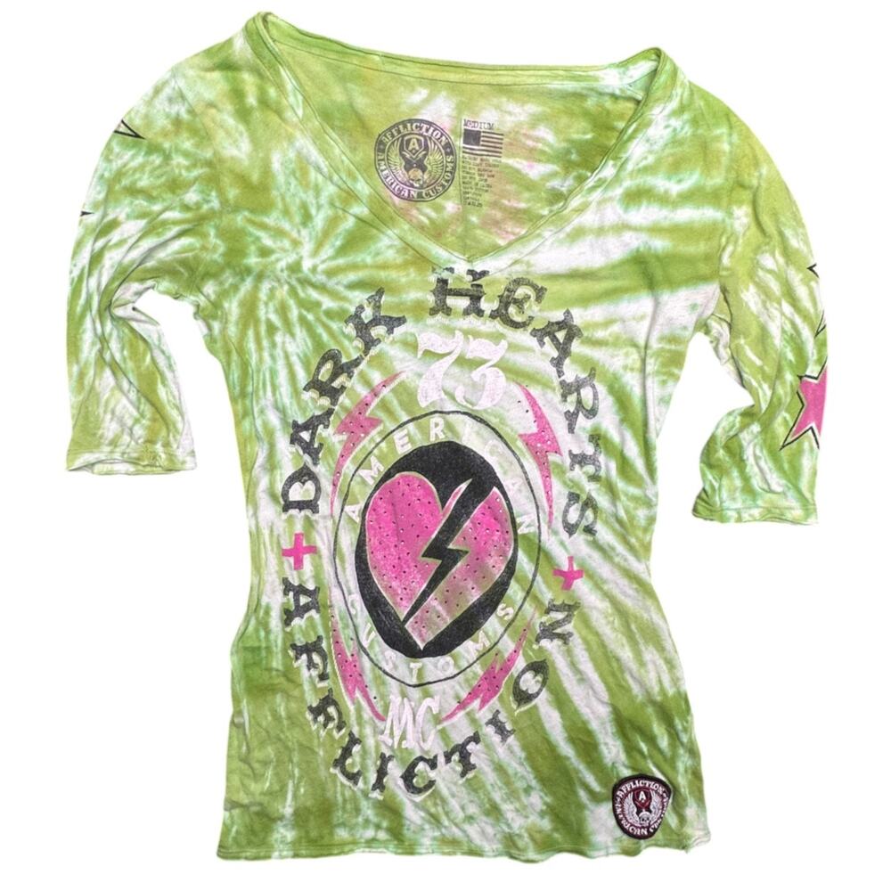 Y2K Affliction American Customs Daredevil 73 Tie Dye Rhinestone Top 💚🩷